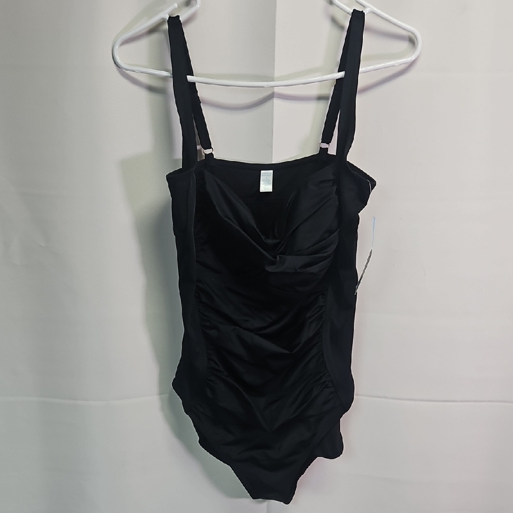 Tropical Escapes Black One Piece Rauched Swimsuit NWT